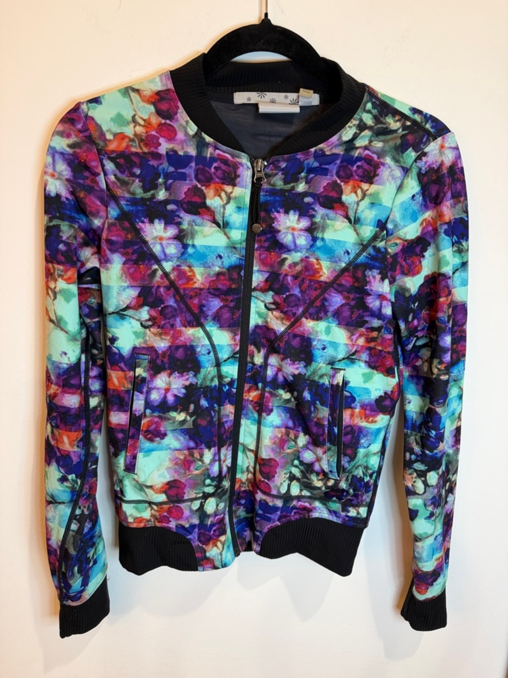Athleta Muted Floral Multi-Color Bomber Jacket with Black Trim, XXS